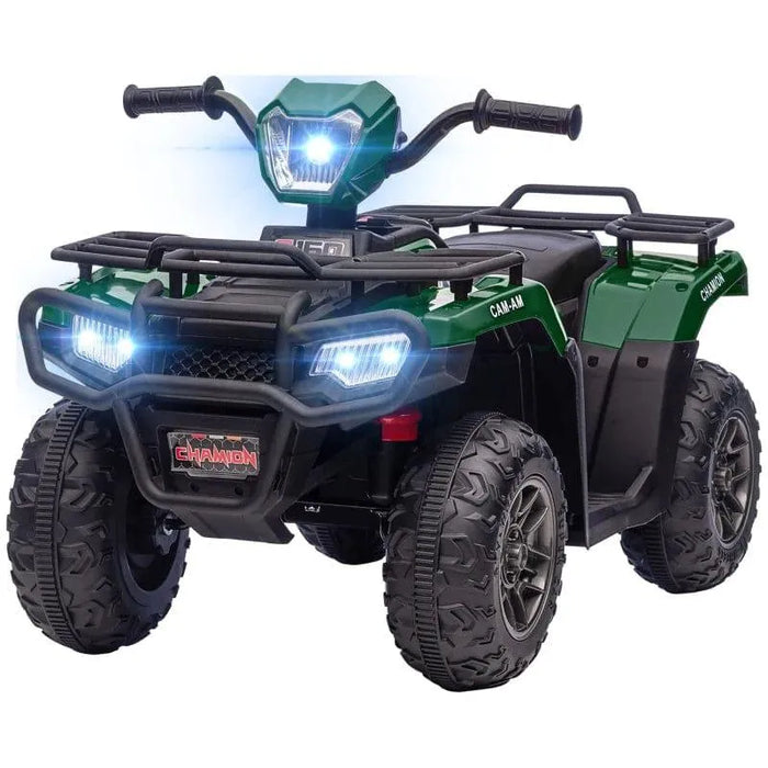 Green and black 12V kids electric quad bike with LED headlights and rugged tires