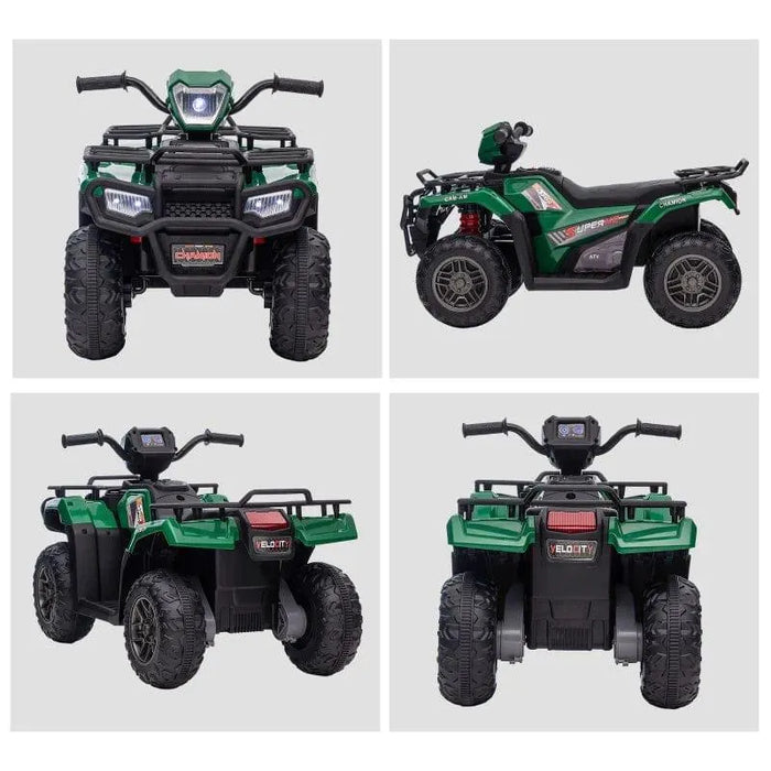 Green and black 12V kids electric quad bike with LED headlights, rugged tires, USB port