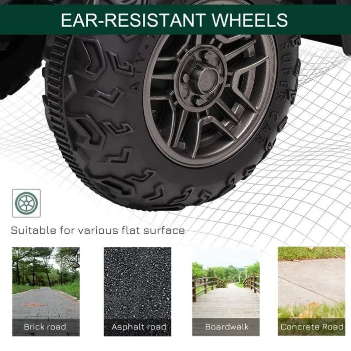 Close-up of electric quad bike tire, suitable for brick, asphalt, boardwalk, and concrete roads.