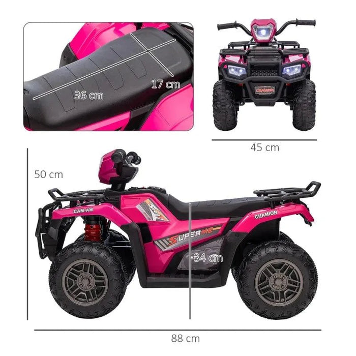 Pink and black 12v kids electric quad bike with dimensions, LED headlights, USB music port