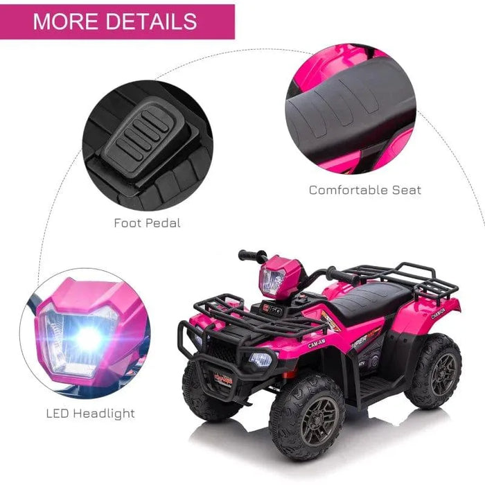 Pink and black 12V kids electric quad bike with LED headlight, foot pedal, and comfortable seat.