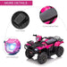 Pink and black 12V kids electric quad bike with LED headlight, foot pedal, and comfortable seat.
