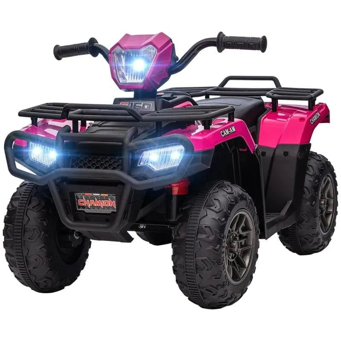 12V kids electric quad bike in pink and black with LED headlights and rugged wheels