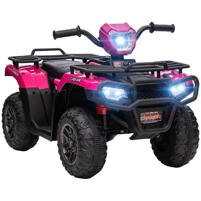 12V kids electric quad bike in pink and black with LED headlights and rugged tires