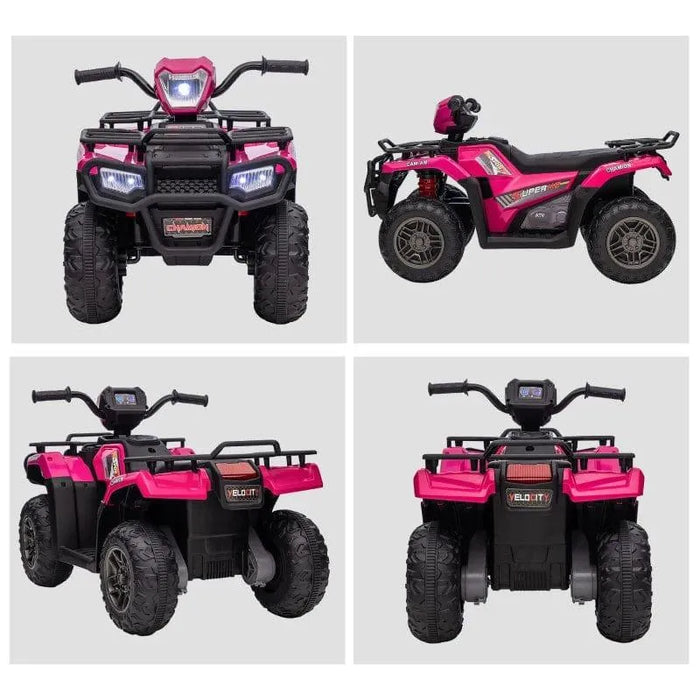 Pink and black 12V kids electric quad bike with LED headlights and rugged tires, shown from four angles