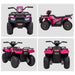 Pink and black 12V kids electric quad bike with LED headlights and rugged tires, shown from four angles