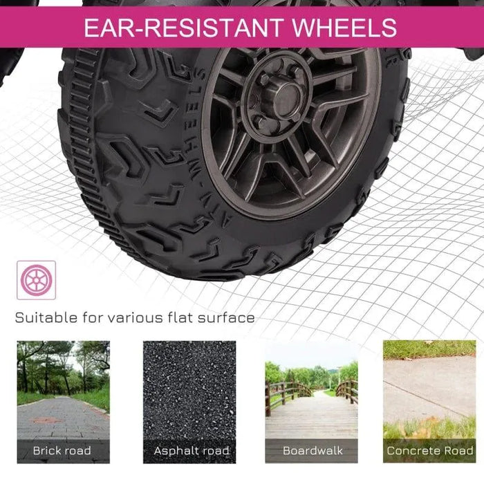 Close-up of rugged quad bike tire with 'ear-resistant wheels' label, suitable for flat surfaces.