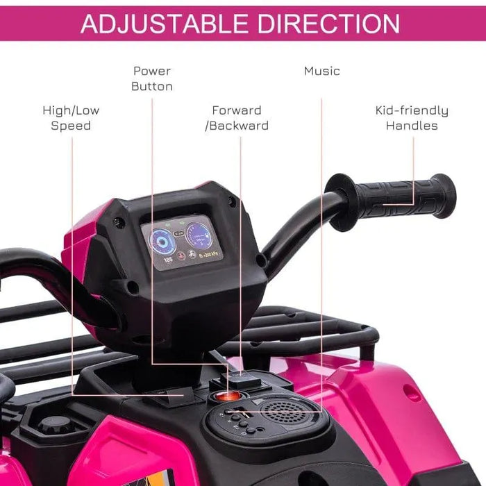 Pink kids electric quad bike handlebar controls, USB music, LED headlights, kid-friendly design