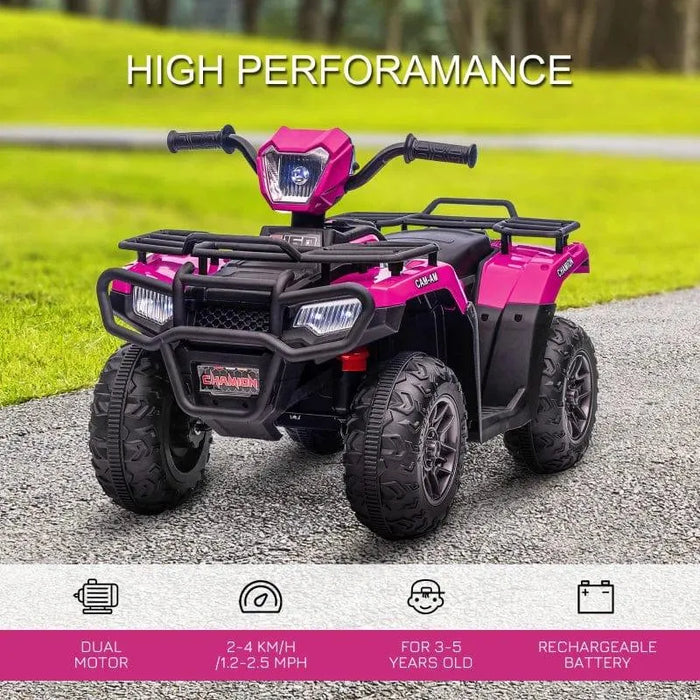 Pink and black kids 12V electric quad bike with LED headlights on a paved path outdoors