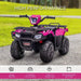 Pink and black kids 12V electric quad bike with LED headlights on a paved path outdoors