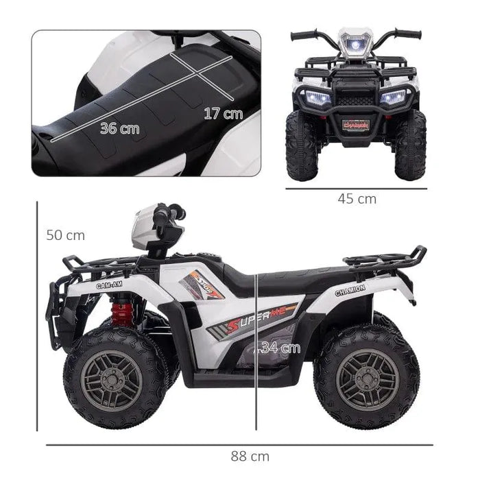 White and black kids 12V electric quad bike with LED headlights, USB, and size details shown
