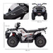White and black kids 12V electric quad bike with LED headlights, USB, and size details shown