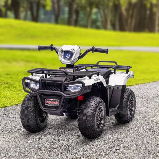 12V kids electric quad bike white and black with LED headlights on outdoor path