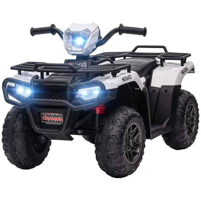12V kids electric quad bike in white and black with LED headlights and rugged tires