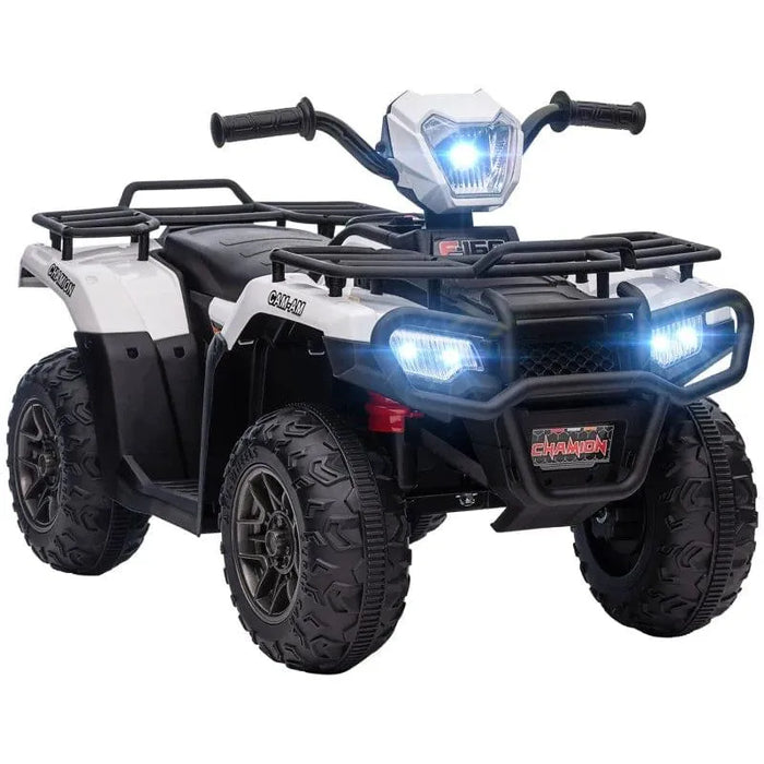 12V kids electric quad bike in white and black with LED headlights and rugged tires