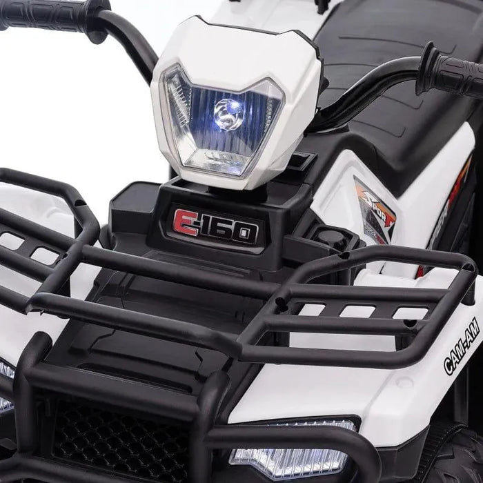White and black 12V kids electric quad bike with LED headlights and E160 badge
