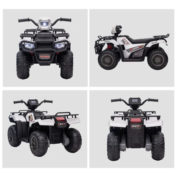 12V kids electric quad bike in white and black with LED headlights, USB, and rugged tires