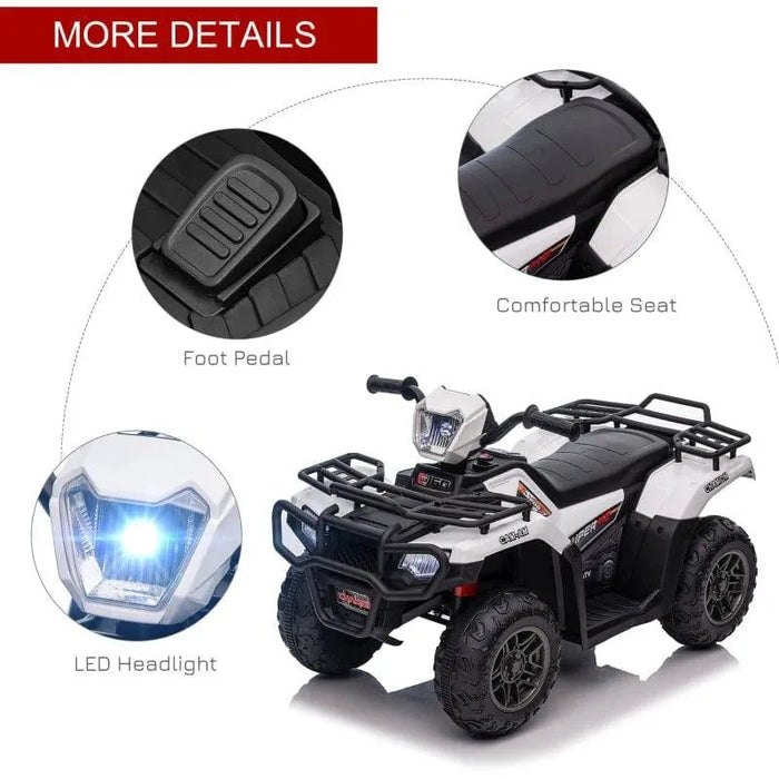 White and black 12V kids electric quad bike with LED headlight, foot pedal, and padded seat