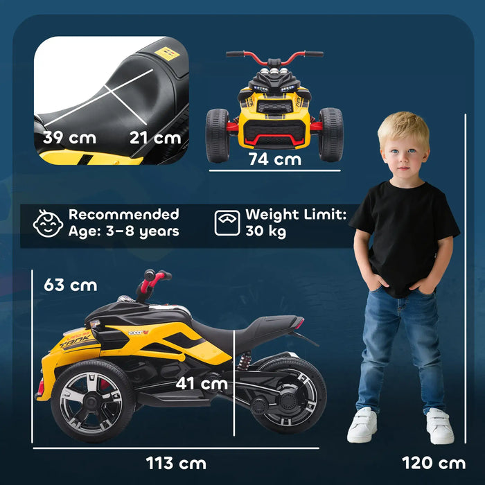 12V Kids Electric Ride-On 3 Wheeler ATV – Yellow | LED Lights and USB Music AIYAPLAY - Little and Giant Explorers AIYAPLAY
