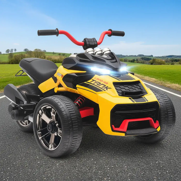 12V Kids Electric Ride-On 3 Wheeler ATV – Yellow | LED Lights and USB Music AIYAPLAY - Little and Giant Explorers AIYAPLAY