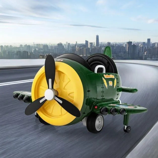 12V kids electric green ride-on airplane with propeller and realistic features on road