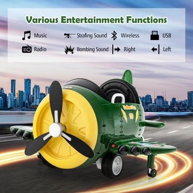 12V kids green electric ride-on airplane with propeller, city skyline in background, feature icons above.