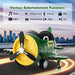 12V kids green electric ride-on airplane with propeller, city skyline in background, feature icons above.