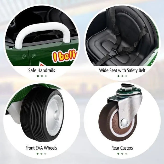 12V kids electric ride-on airplane green with safe handrails, seat belt, EVA wheels, rear casters