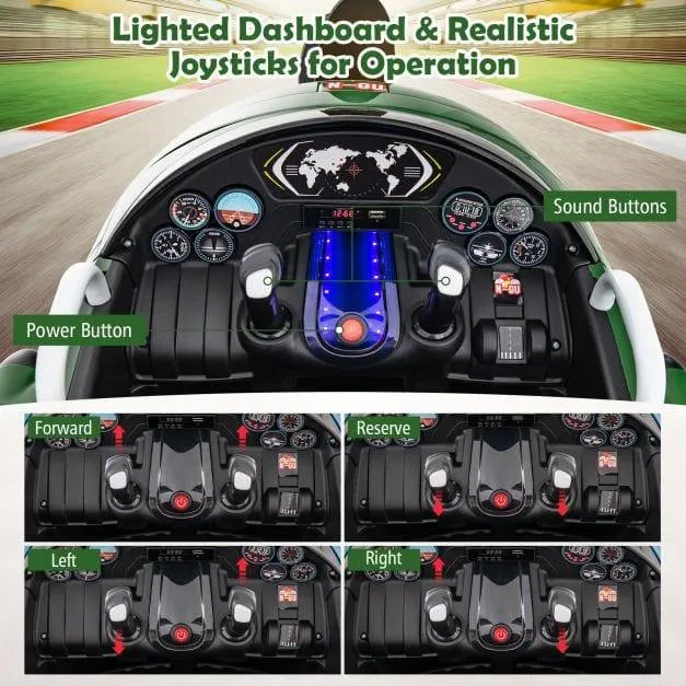 Kids 12V electric ride-on airplane cockpit with lighted dashboard, joysticks, control buttons
