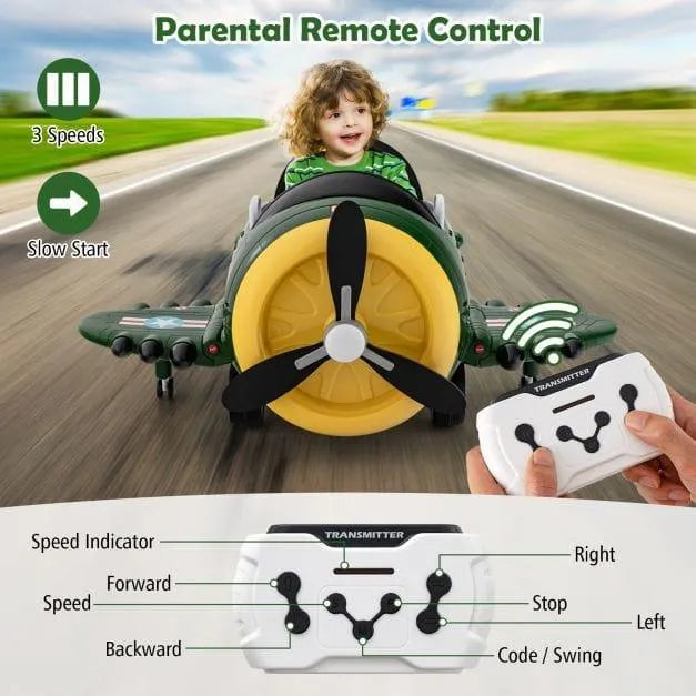 Child riding green 12V electric airplane toy with parental remote control on outdoor road