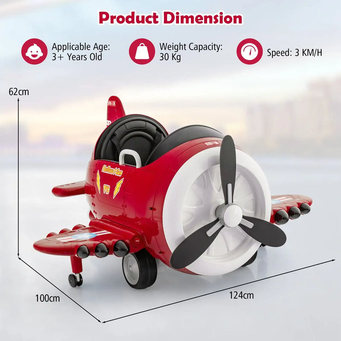 Red 12V kids electric ride-on airplane toy with propeller, shown on white background with dimensions.