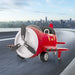 Red 12V kids electric ride-on airplane with propeller on urban road background
