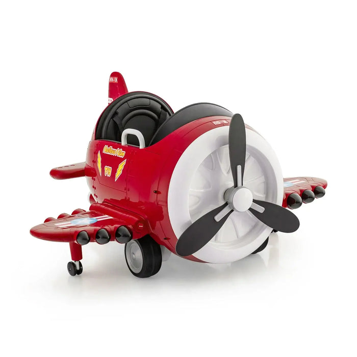 Red 12V kids electric ride-on airplane toy with joysticks and black propeller