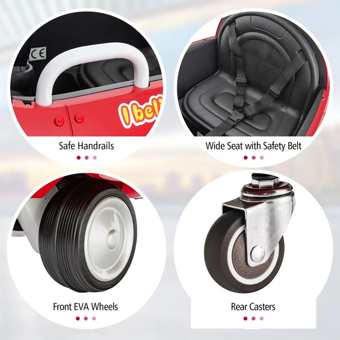 Red 12V kids electric ride-on airplane features seat belt, handrails, EVA wheels, rear casters.