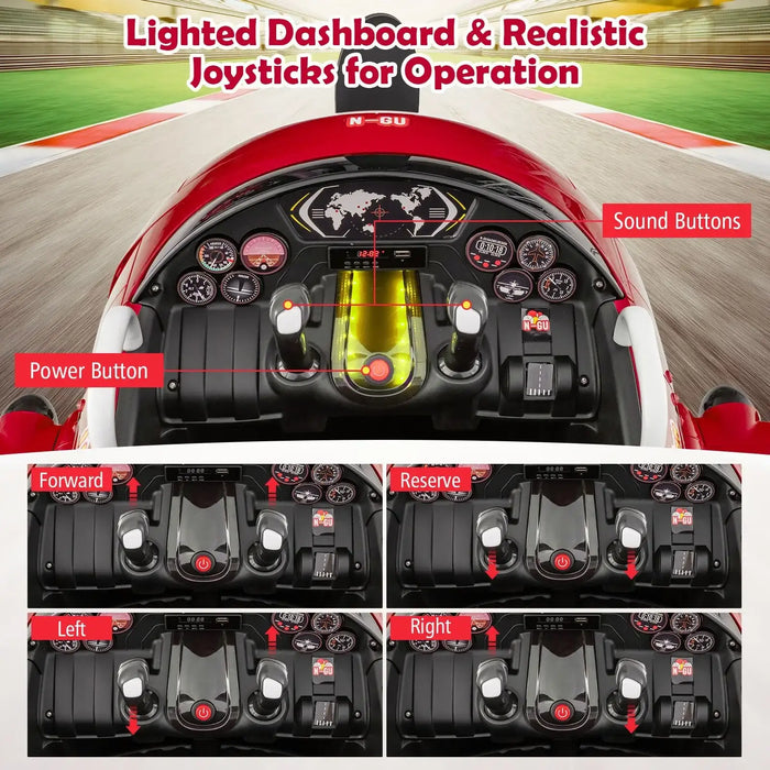 12V kids electric ride-on airplane dashboard with joysticks, buttons, and labeled controls