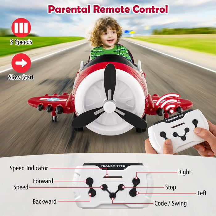 Child riding a red 12V kids electric airplane toy with remote control and propeller on road
