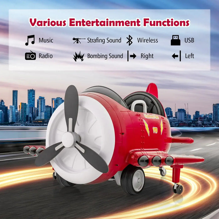 Red 12V kids electric ride-on airplane toy with joysticks, cityscape background