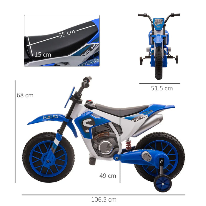 Blue 12V kids electric ride-on motorbike with training wheels, seat and bike dimensions labeled.