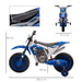 Blue 12V kids electric ride-on motorbike with training wheels, seat and bike dimensions labeled.
