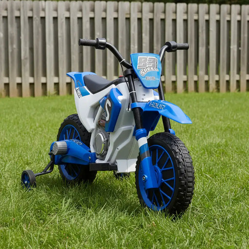 Blue 12V kids electric ride-on motorbike with training wheels on grass yard