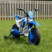 Blue 12V kids electric ride-on motorbike with training wheels on grass yard