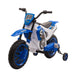 Blue and white 12V kids electric ride-on motorbike with training wheels, dual motors