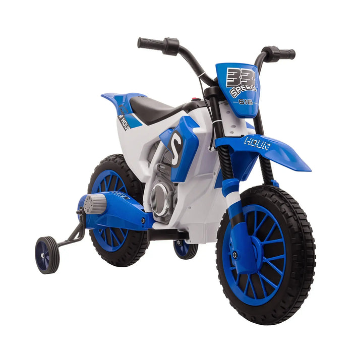 Blue and white kids' 12V electric ride-on motorbike with training wheels