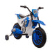 Blue and white kids' 12V electric ride-on motorbike with training wheels