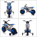 Blue 12V kids electric ride-on motorbike with training wheels, shown from four angles