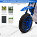 Blue kids electric ride-on motorbike front wheel showing wear-resistant, anti-slip tire suitable for cement, brick, asphalt, and wood surfaces.