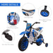 Blue 12V kids electric ride-on motorbike with training wheels, dual shock absorbers, and non-slip foot pedals