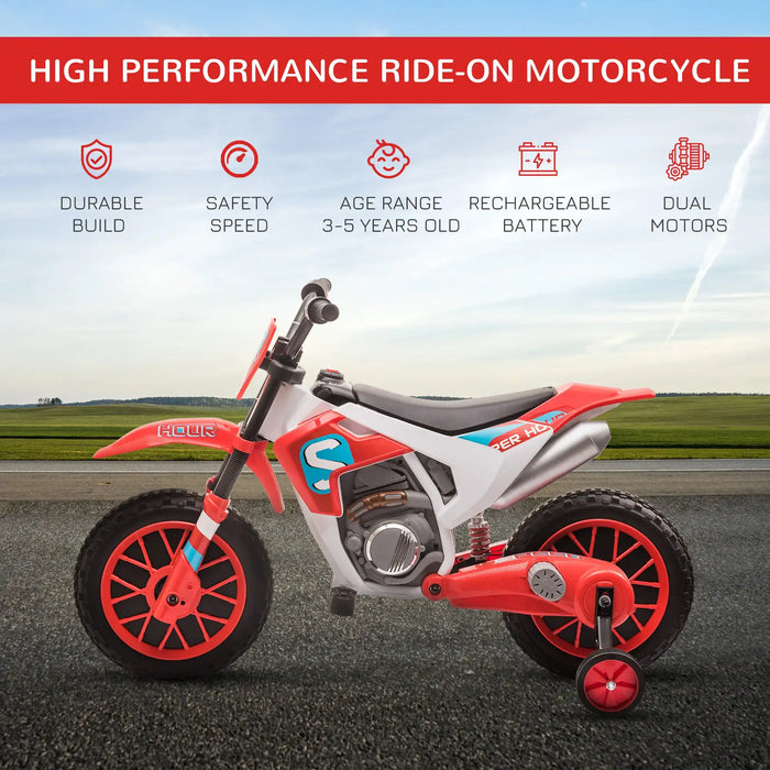 Red and white 12V kids electric ride-on motorbike with training wheels on a road
