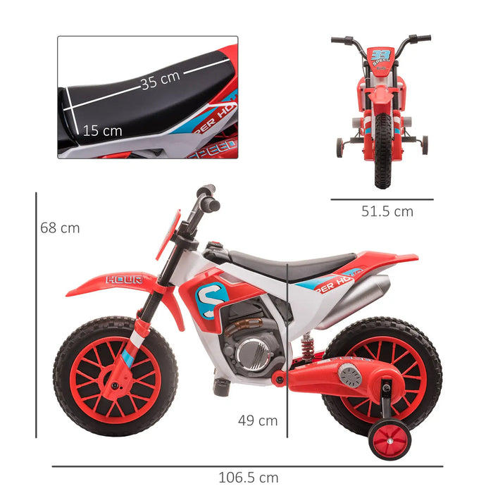 Red 12V kids electric ride-on motorbike with training wheels, seat and bike dimensions labeled
