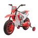 Red 12V kids electric ride-on motorbike with training wheels and sporty decals